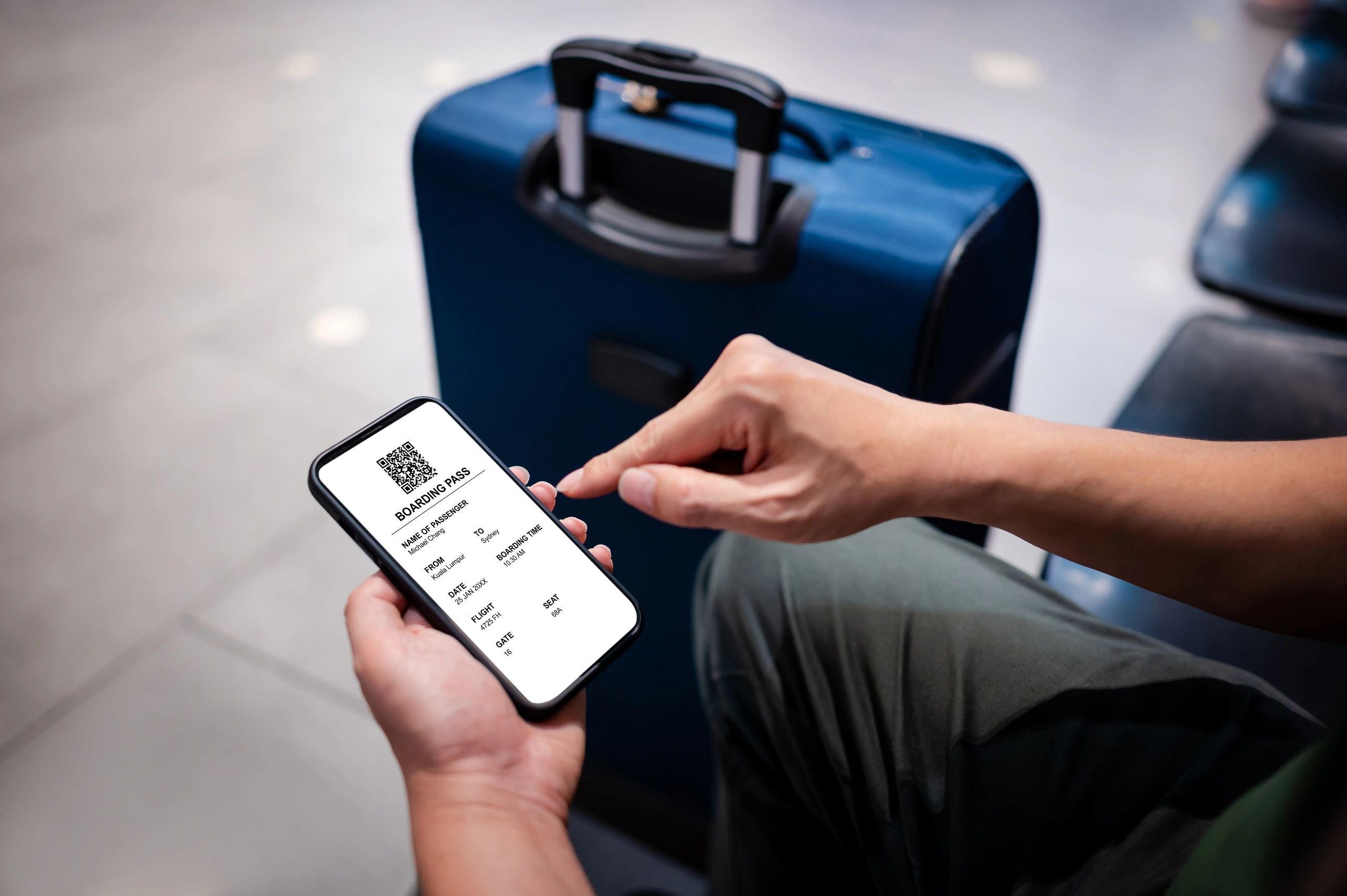 Traveler checking updates on a smartphone