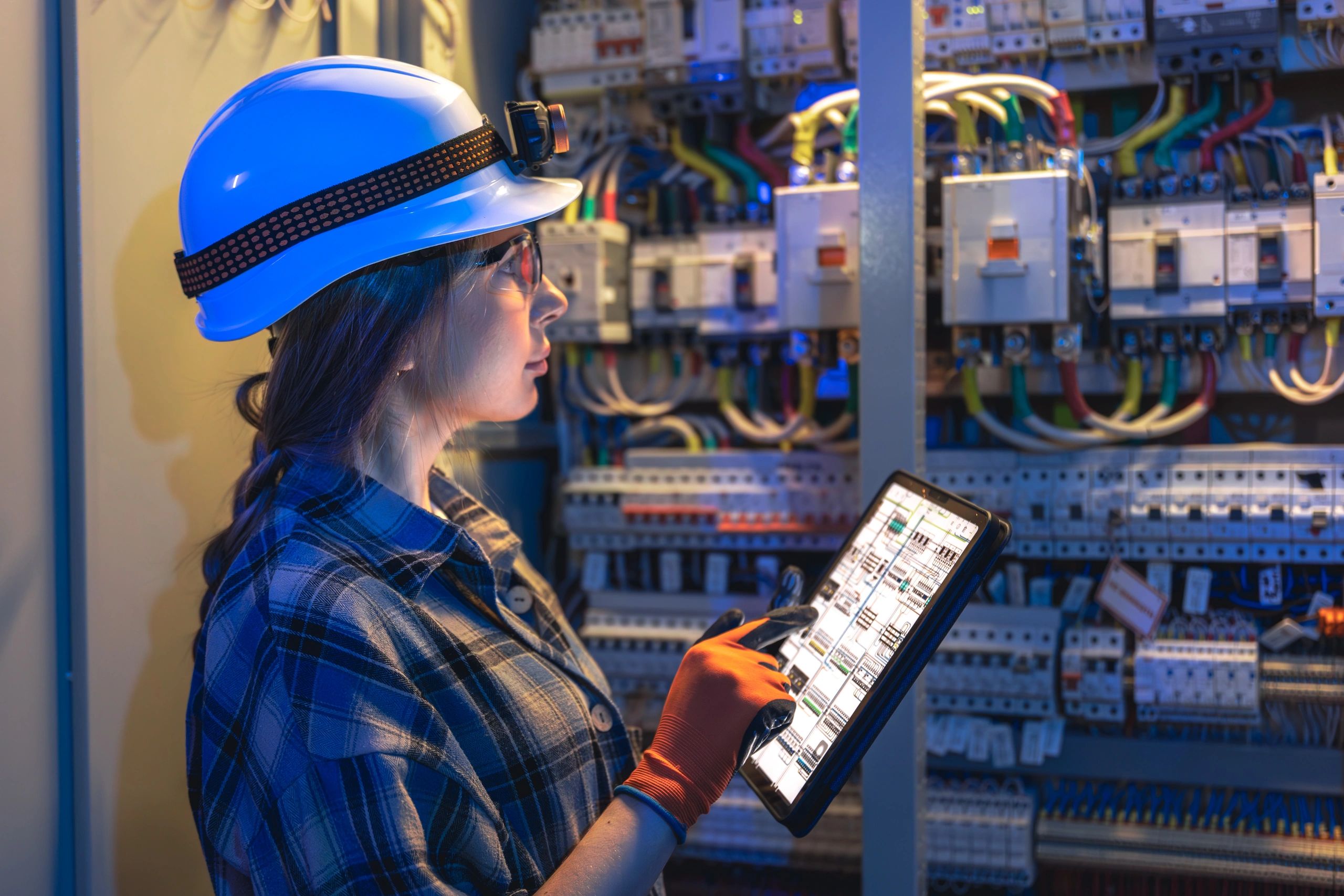 Technician reviewing electrical systems with a tablet